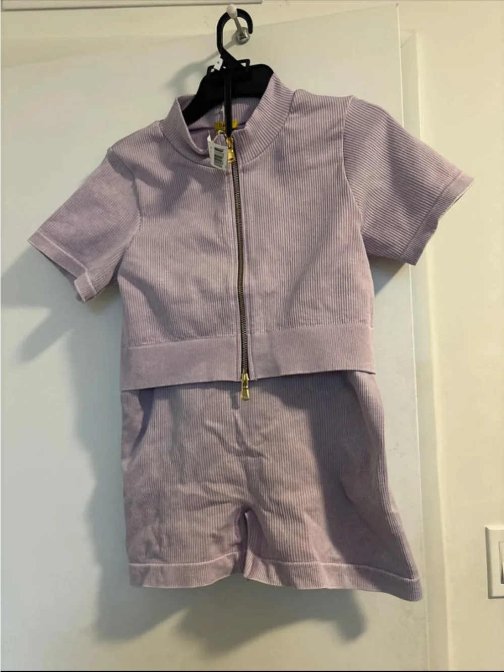 Women Lavender Ribbed Short Set with Zip Front